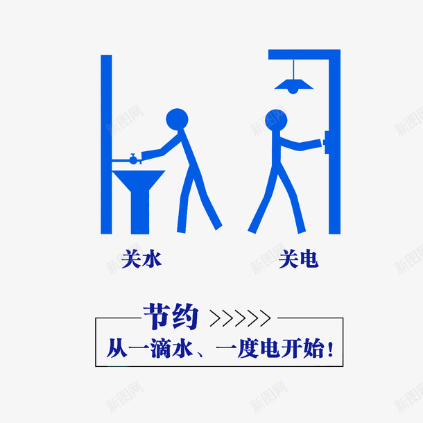 节约从一滴水一度电开始海报psd免抠素材_新图网 https://ixintu.com 关紧水龙头 省水 节约从一滴水一度电开始 节约用水标语 蓝色小人 随手关灯