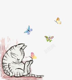 花丛蝴蝶图案卡通猫咪墙绘高清图片