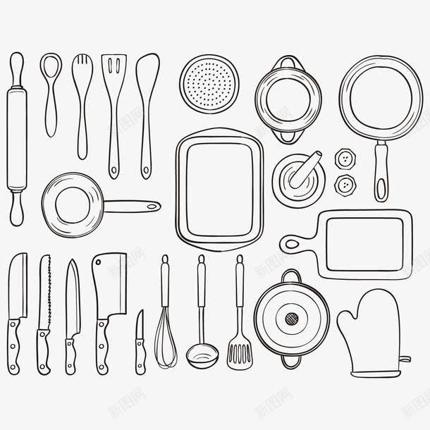 线条手绘厨房工具png免抠素材_新图网 https://ixintu.com 勺子 厨房工具 手绘 手绘调羹 碗 线条 锅 餐具