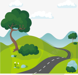 手绘绿色户外风景背景彩色小山坡公路矢量图高清图片