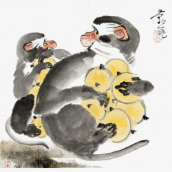 国画枇杷叶中国风水墨画两只抱枇杷的猴子免高清图片
