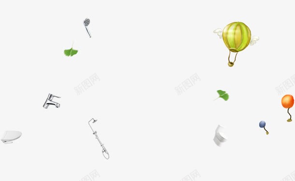 漂浮的家具用品psd免抠素材_新图网 https://ixintu.com 喷头 气球 水龙头 漂浮的家具用品 漂浮的气球