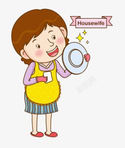 家庭清洁卡通刷盘子的女人高清图片
