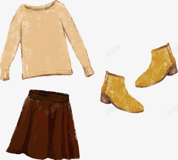 手绘服装png免抠素材_新图网 https://ixintu.com 女装 手绘 搭配 服装 棕色毛线 毛衣 水彩 短靴 裙子