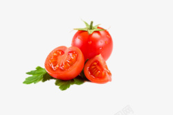 新鲜红色实物新鲜红色带腾切开叶子番茄高清图片
