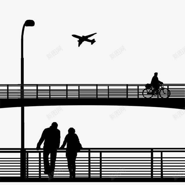 简约都市剪影手绘png免抠素材_新图网 https://ixintu.com 人物 城市 栏杆 桥梁 自行车 都市 飞机