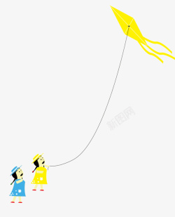 卡通两个少女放风筝素材