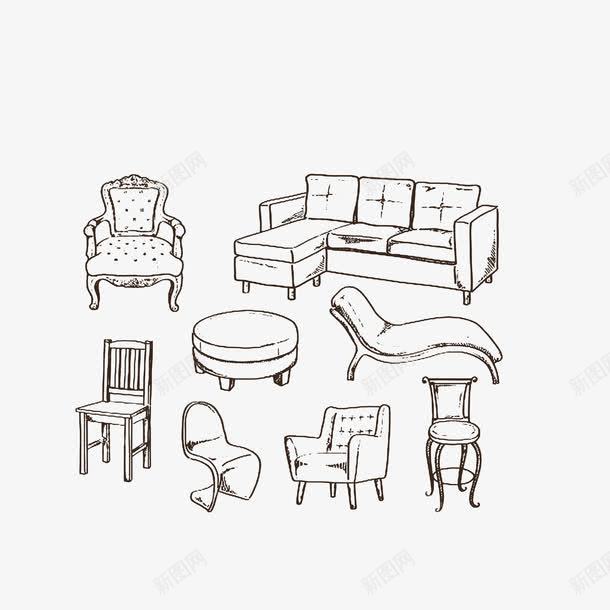 手绘家具png免抠素材_新图网 https://ixintu.com 坐躺椅子 家居简笔画 座椅 手绘家具 木椅 沙发 躺椅