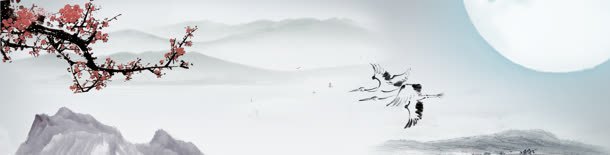 中国风山水画飞鹤圆月背景banner背景