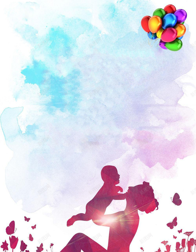 母亲节快乐宣传海报广告背景jpg设计背景_新图网 https://ixintu.com 剪影 妈妈 妈妈抱着孩子 孩子 平面 幸福 开心 彩云 彩色气球 母亲节 母亲节宣传海报 温馨 蝴蝶