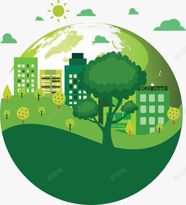绿色地球城市建设矢量图ai免抠素材_新图网 https://ixintu.com 新能源 环保 生态城市 矢量png 绿色地球 绿色城市 矢量图