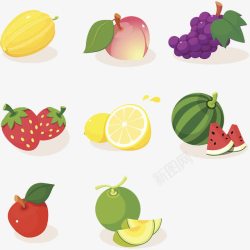 桃子苹果葡萄纸钱素材卡通8种夏日水果高清图片