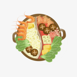 青菜面条手绘食物双味火锅高清图片