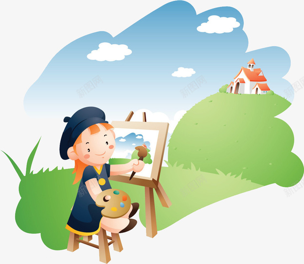 在户外画画的小朋友png免抠素材_新图网 https://ixintu.com 写生 卡通 孩子郊外 小孩子画画 小朋友 户外 手绘 画画 草地