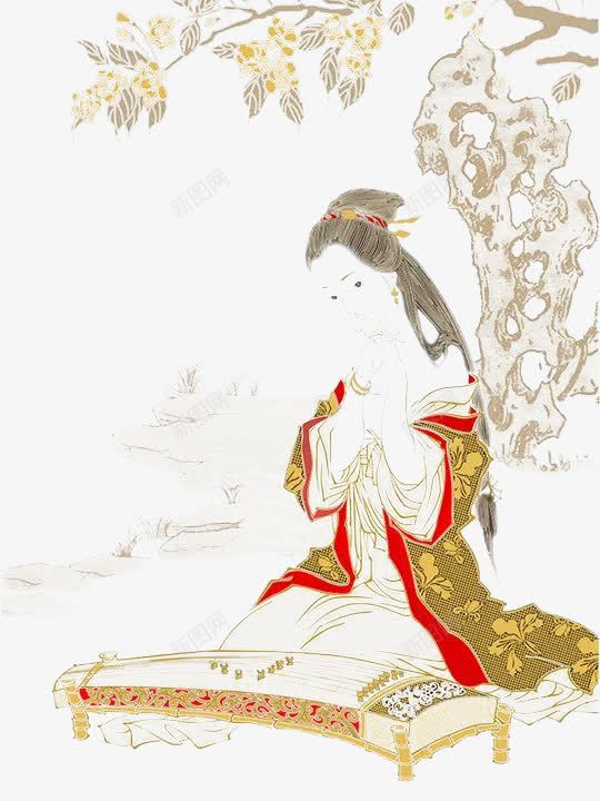 古代树下美女图png免抠素材_新图网 https://ixintu.com 忧思 惆怅 衣裙飘飘 长发披肩