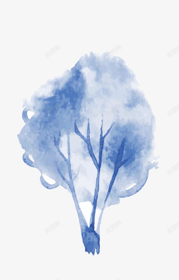 蓝色简约树png免抠素材_新图网 https://ixintu.com 大树 手绘 树 树叶 水彩