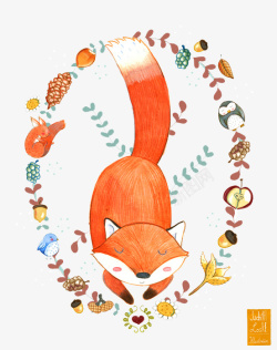 狐狸创意手绘小狐狸花环图高清图片