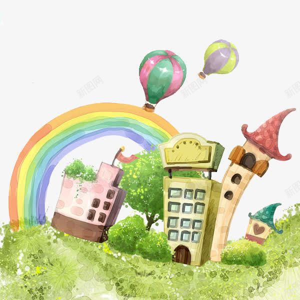 热气球彩虹手绘居民区png免抠素材_新图网 https://ixintu.com PNG 城堡 手绘 水彩 热气球