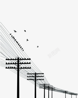 电路设施手绘黑色电线杆剪影高清图片