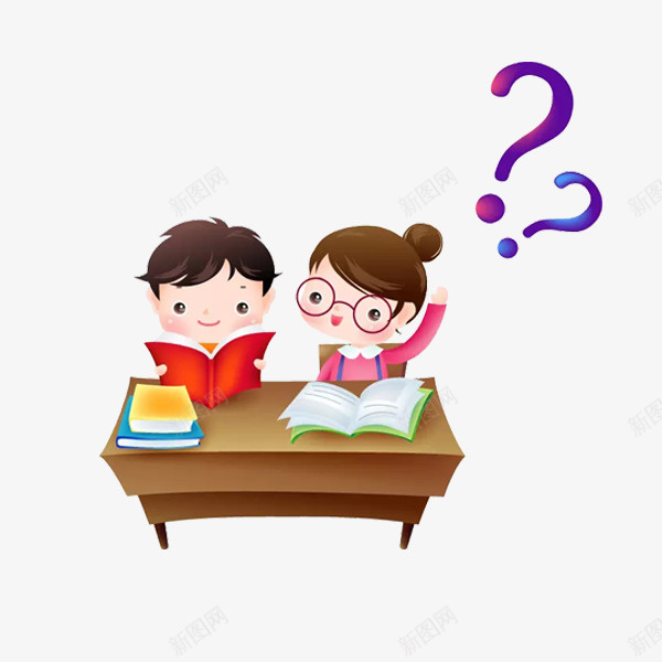 看书的孩子png免抠素材_新图网 https://ixintu.com 书本 书桌 卡通 学生 思考 打问号 认真的 课本 问号