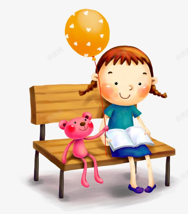 看书的小女孩png免抠素材_新图网 https://ixintu.com 公园长椅 卡通女孩 坐着的小朋友 坐着看书的女孩 坐着读书 气球 看书 腰看书 阅读