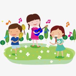 校园艺术节在草地演奏音乐的儿童高清图片