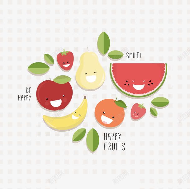 卡通开口笑水果背景png免抠素材_新图网 https://ixintu.com 卡通 可爱 微笑水果 手绘 苹果 草莓 西瓜 香蕉