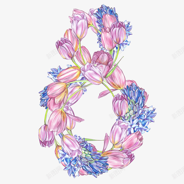 手绘创意数字8图png免抠素材_新图网 https://ixintu.com 卡通灰色 植物 水彩 粉色 紫色 花朵 郁金香 鲜花