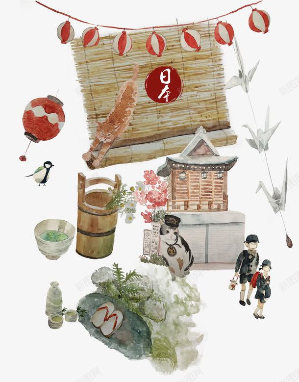 日本风情png免抠素材_新图网 https://ixintu.com 卷帘 学生 手绘 日本 木桶 纸盒 花猫