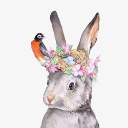 站树上的小鸟兔子戴花环片高清图片