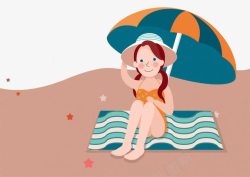 沙滩椅坐地地上打伞的女孩高清图片