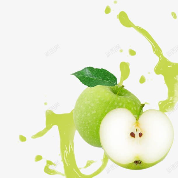 苹果png免抠素材_新图网 https://ixintu.com 一半水果 叶子 果汁 果肉 水果 清新 绿色 营养 飞溅的果汁 鲜榨