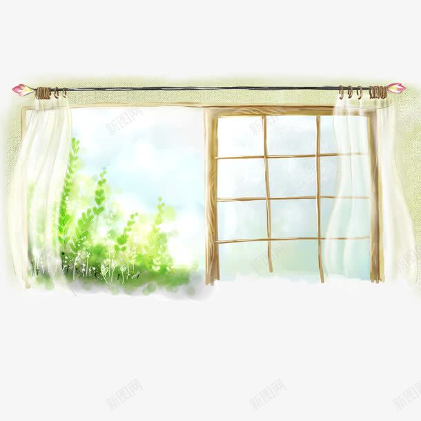 卡通门窗png免抠素材_新图网 https://ixintu.com 卡通 户外景色 窗外 窗帘 窗户 绿色景色