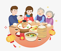 三世同堂新年手绘一家人吃团圆饭的高清图片