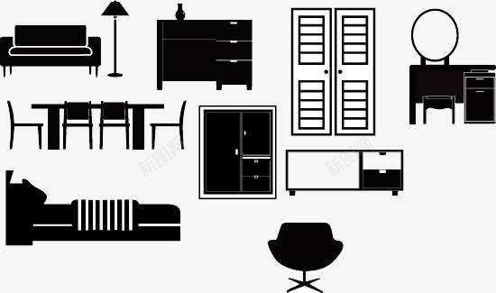 家具剪影png免抠素材_新图网 https://ixintu.com 创意橱柜 办公椅 床铺 梳妆台 橱柜 沙发 立式台灯 衣柜