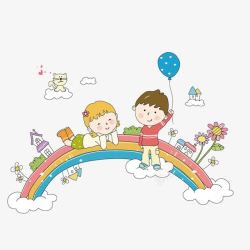手绘抓着气球男孩彩虹桥和儿童高清图片