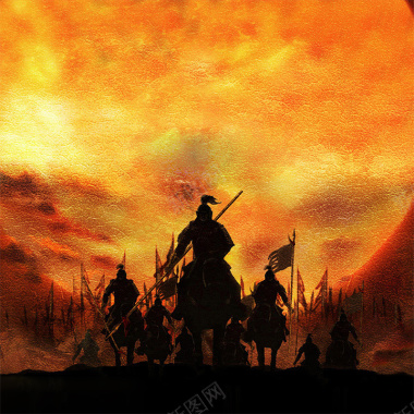 中国风战场将军骑马剪影红尘滚滚红色天空背景