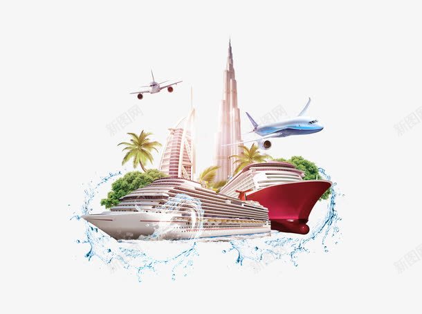 迪拜旅游建筑png免抠素材_新图网 https://ixintu.com 帆船酒店 游轮 迪拜塔 飞机