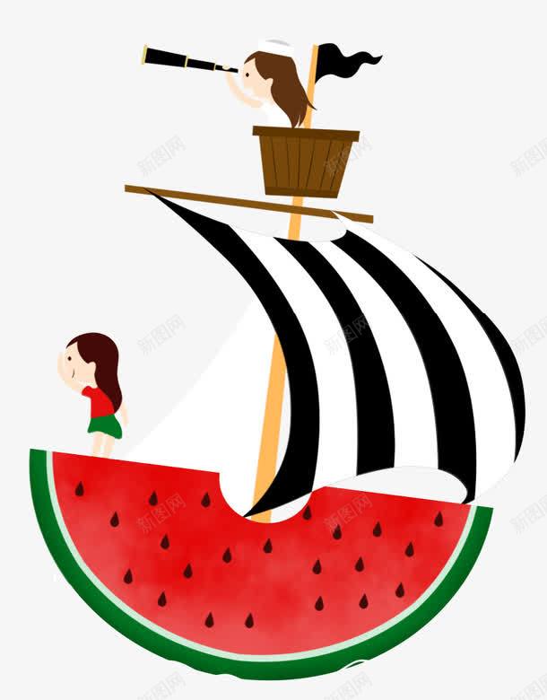 卡通西瓜船帆png免抠素材_新图网 https://ixintu.com 卡通 夏天 水果 站在西瓜上眺望的女孩 船帆 装饰图案 西瓜