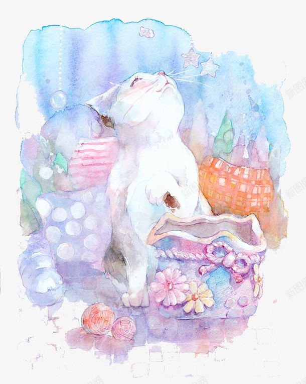 水彩猫咪png免抠素材_新图网 https://ixintu.com 动物 卡通 可爱 彩色 手绘 水彩 猫咪 白色 紫色