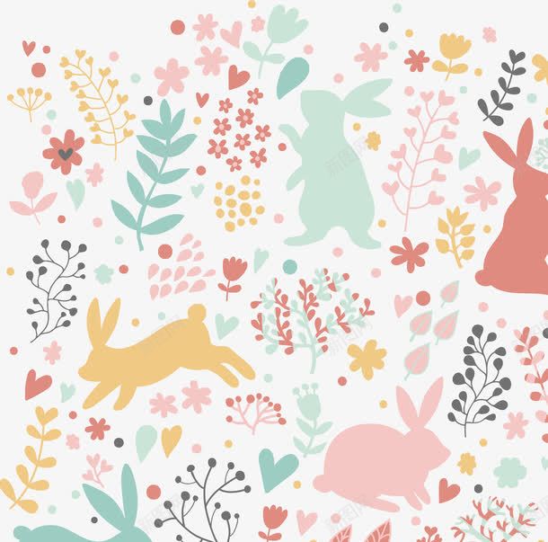 小兔子壁纸png免抠素材_新图网 https://ixintu.com 剪影 小兔子 彩色 手绘 树干 树枝 爱心 甜美 花朵