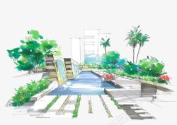 锦城房产海报景观建筑手绘小溪彩色高清图片