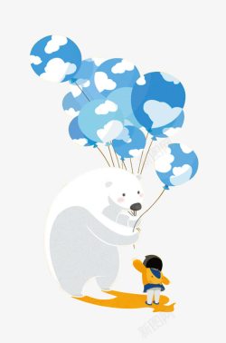 动物热气球卡通手绘北极熊拿着热气球高清图片