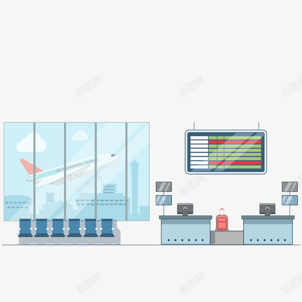 机场候机大厅手绘图png免抠素材_新图网 https://ixintu.com 候机大厅 卡通 座椅 服务台 机场 机场接 空位 飞机