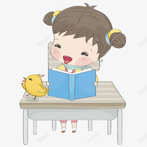 看书的女孩png免抠素材_新图网 https://ixintu.com 书桌 卡通 学生 小女孩 小鸡 插图 漂亮的 课本