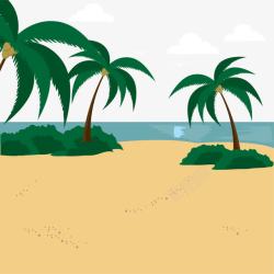 卡通手绘椰子树和游艇手绘金色沙滩椰树高清图片