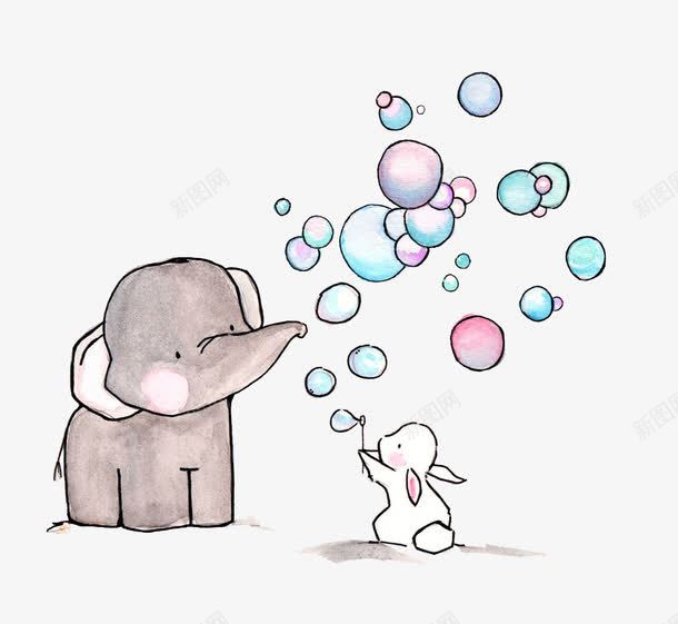 大象和兔子png免抠素材_新图网 https://ixintu.com 吹泡泡 大象装饰画 小伙伴 小朋友 玩具 白兔 绿色