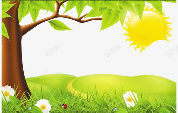春季景象png免抠素材_新图网 https://ixintu.com 卡通太阳 卡通绿色的草地 春天免抠png素材 绿色的大树