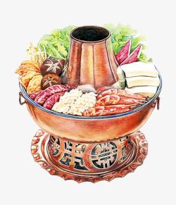 铜锅手绘彩色火锅食材高清图片