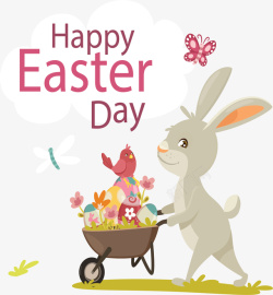 复活节兔推着彩蛋的小灰兔矢量图高清图片